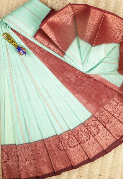 Arctic Blue Visiri Madippu Silk Sarees with Copper Zari Stripes