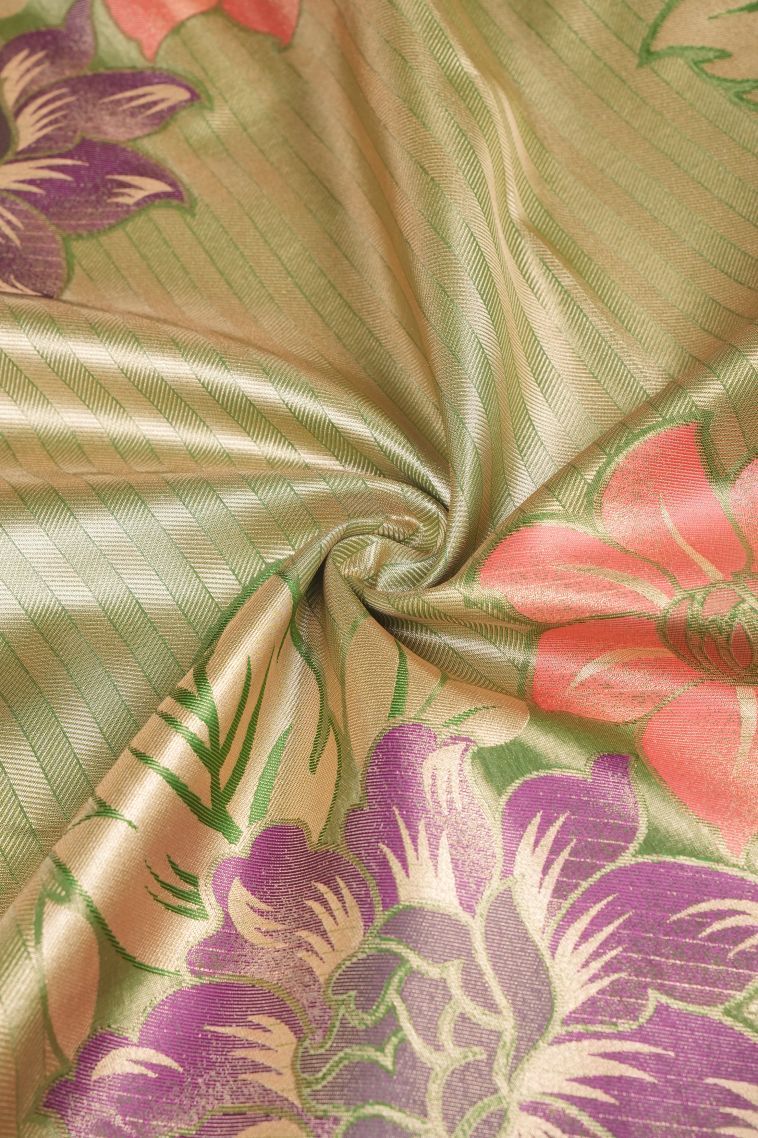 Moccon Green Tissue Silk Sarees with Copper Zari Floral Patterns view 4