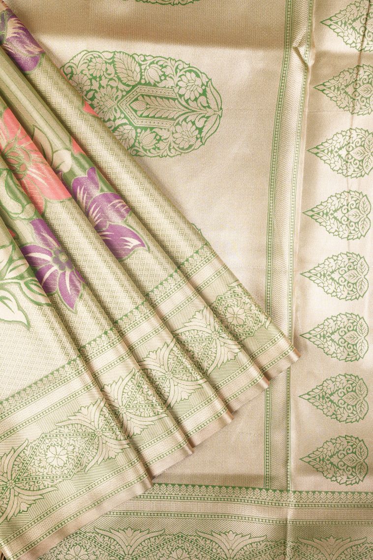 Moccon Green Tissue Silk Sarees with Copper Zari Floral Patterns view 1