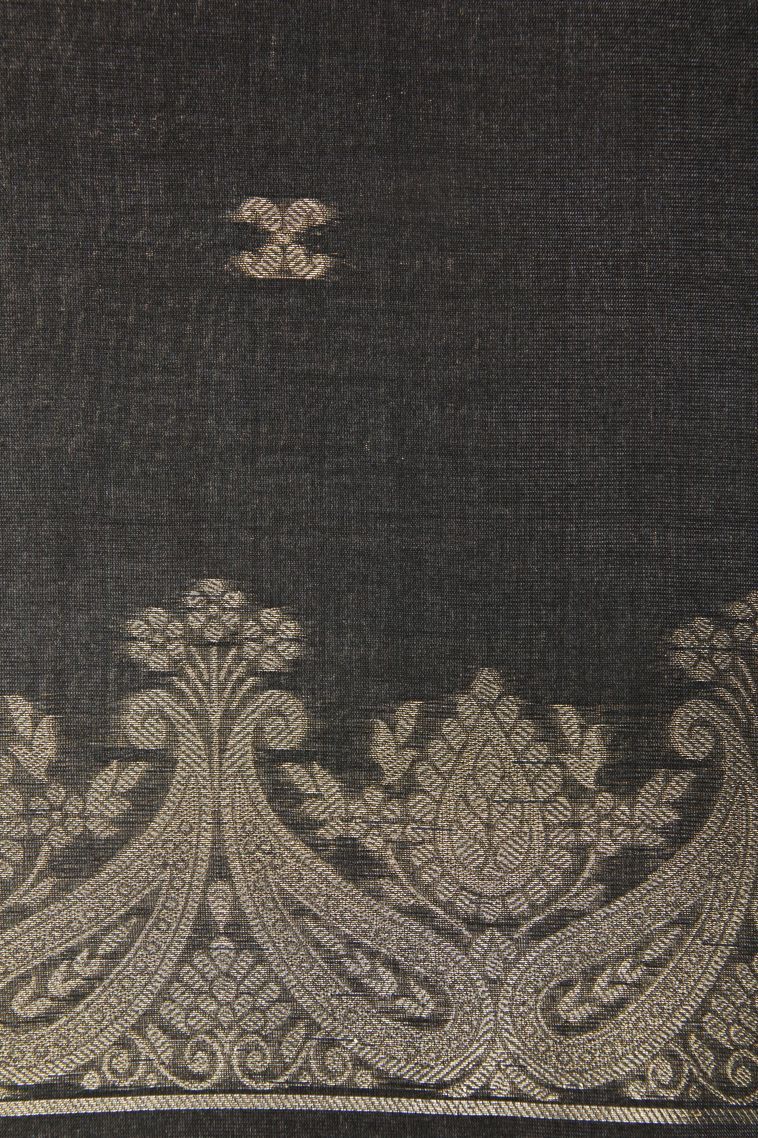 Olive Green Tussar Saree with Gold Zari Floral Patterns view 3