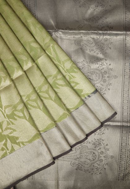 Olive Green Tussar Saree with Gold Zari Floral Patterns