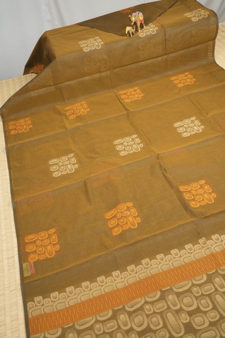 Olive Green Kovai Cotton Sarees with Without Zari Zari Buttis (small Dots Or Motifs) view 2
