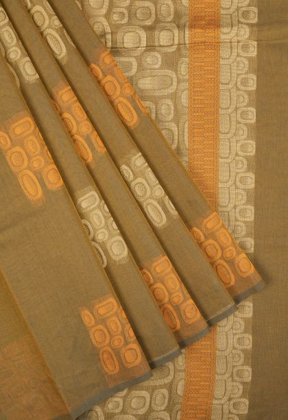 Olive Green Kovai Cotton Sarees with Without Zari Zari Buttis (small Dots Or Motifs)