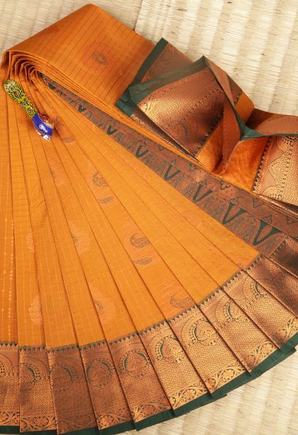 Merigold Orange Visiri Madippu Silk Sarees with Copper Zari Checks