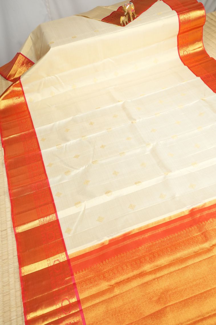 Cream White Kanchipuram Silk Sarees with Gold Zari Buttis (small Dots Or Motifs) view 2
