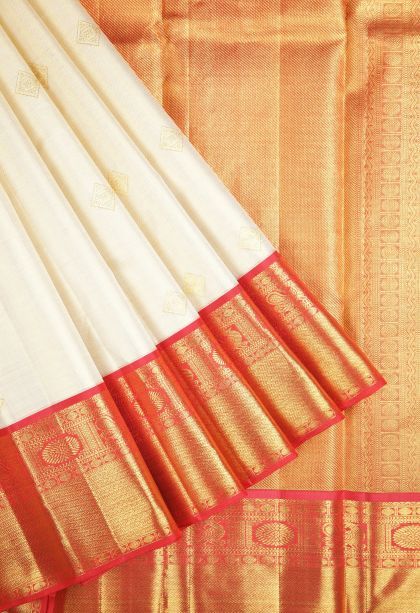 Cream White Kanchipuram Silk Sarees with Gold Zari Buttis (small Dots Or Motifs)