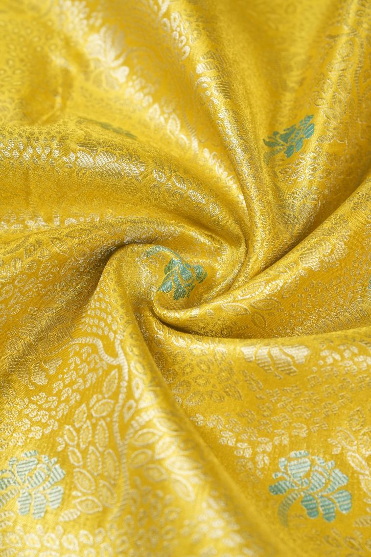 Lemon Yellow Tissue Silk Sarees with Copper Zari Floral Patterns view 4