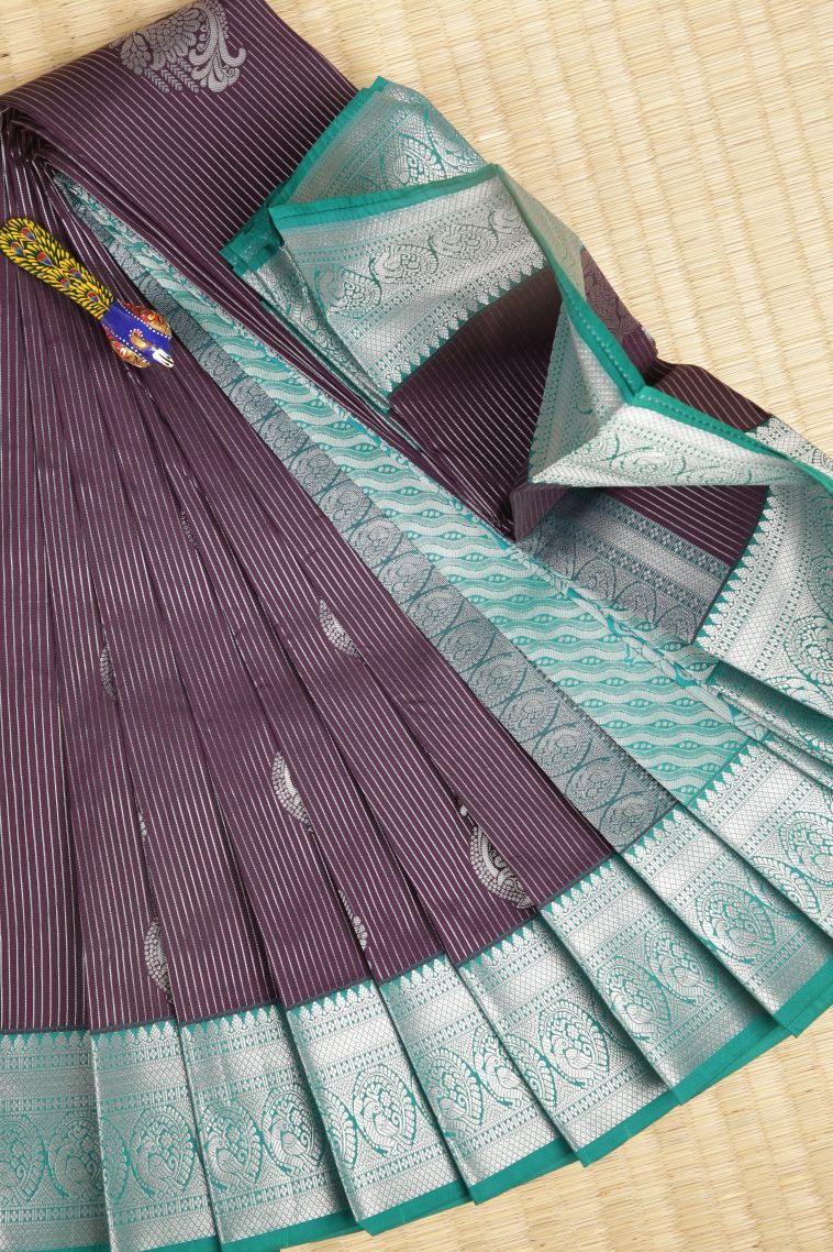 Mulberry Purple Visiri Madippu Silk Sarees with Silver Zari Stripes view 1