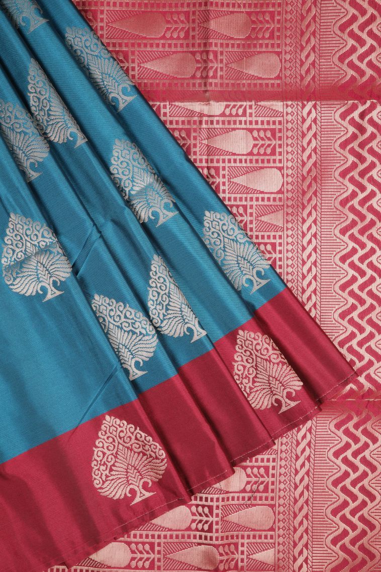 Aegean Blue Soft Silk Saree with Copper Zari Buttis (small Dots Or Motifs) view 1
