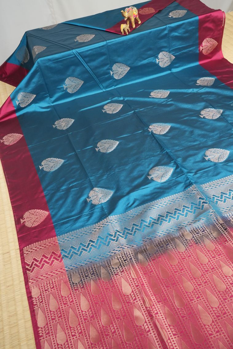 Aegean Blue Soft Silk Saree with Copper Zari Buttis (small Dots Or Motifs) view 2