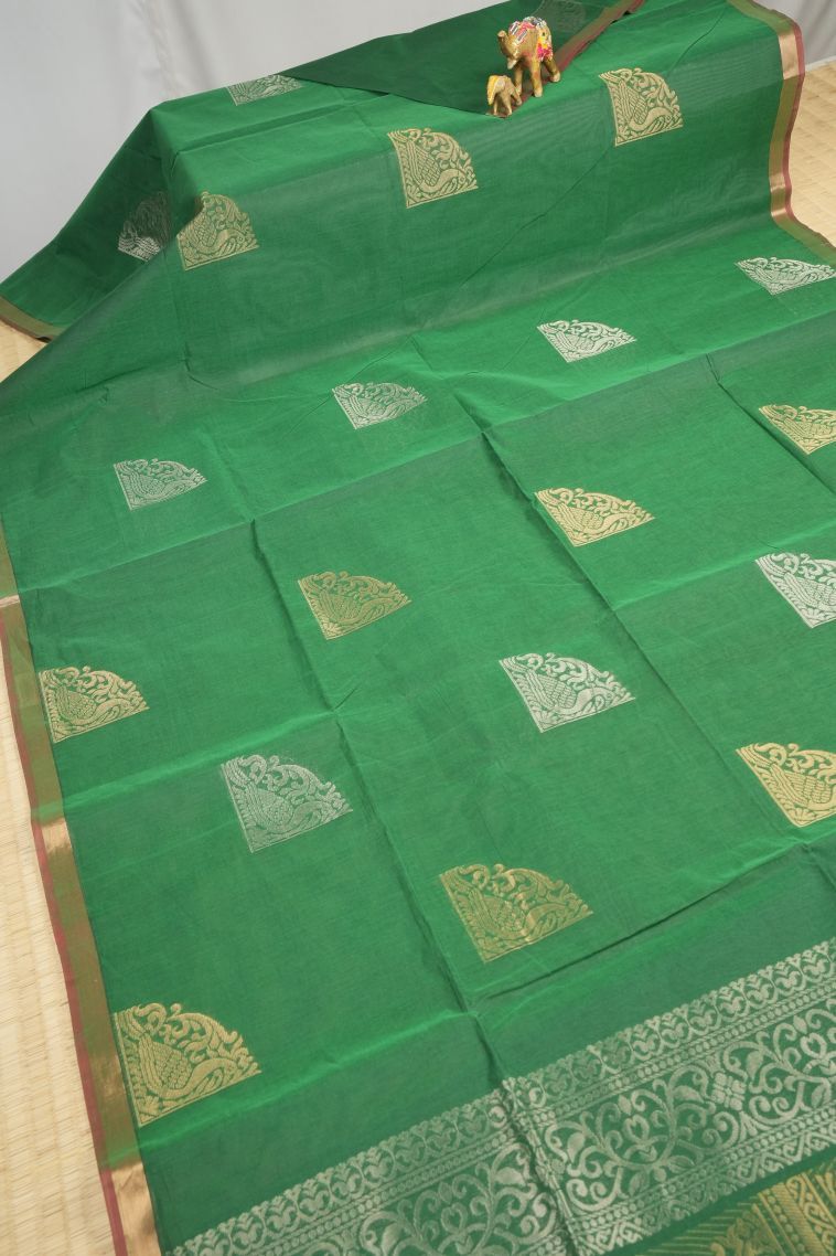 Basil Green Kovai Cotton Sarees with Without Zari Zari Buttis (small Dots Or Motifs) view 2