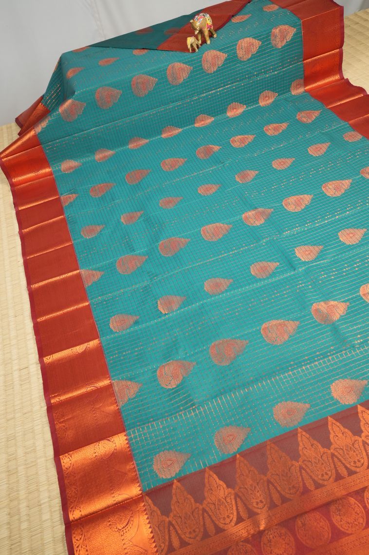 Cerulean Blue Visiri Madippu Silk Sarees with Copper Zari Checks view 2