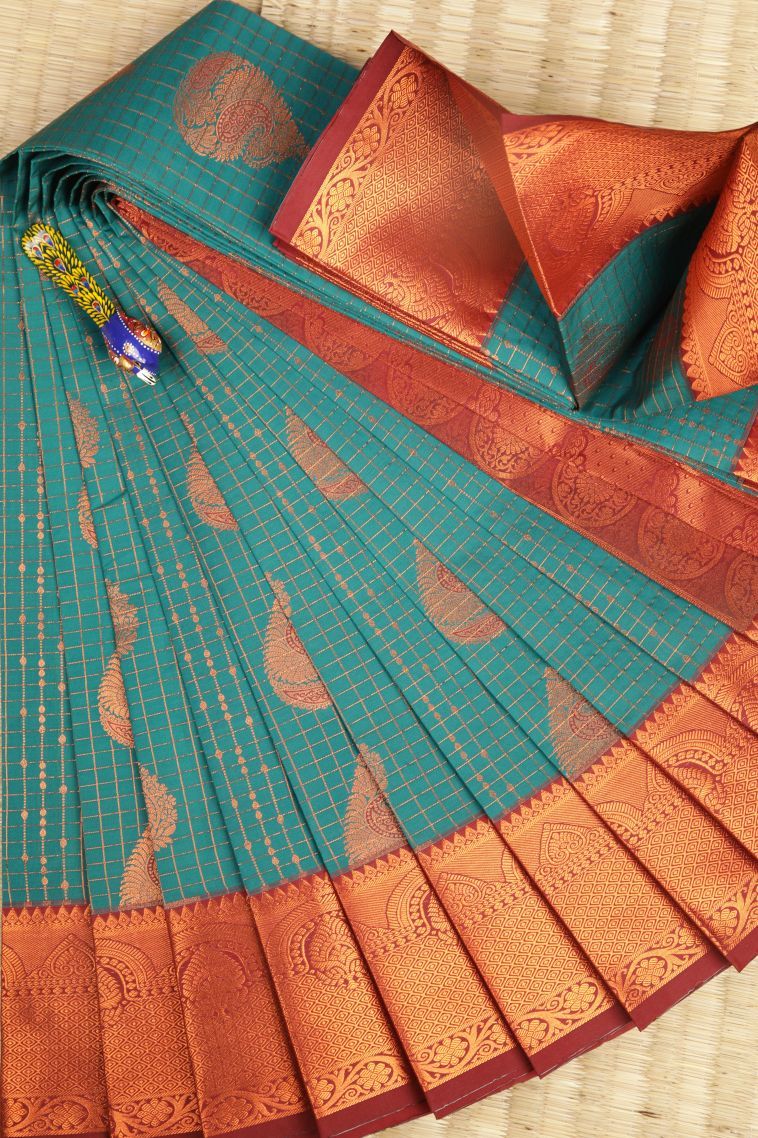Cerulean Blue Visiri Madippu Silk Sarees with Copper Zari Checks view 1