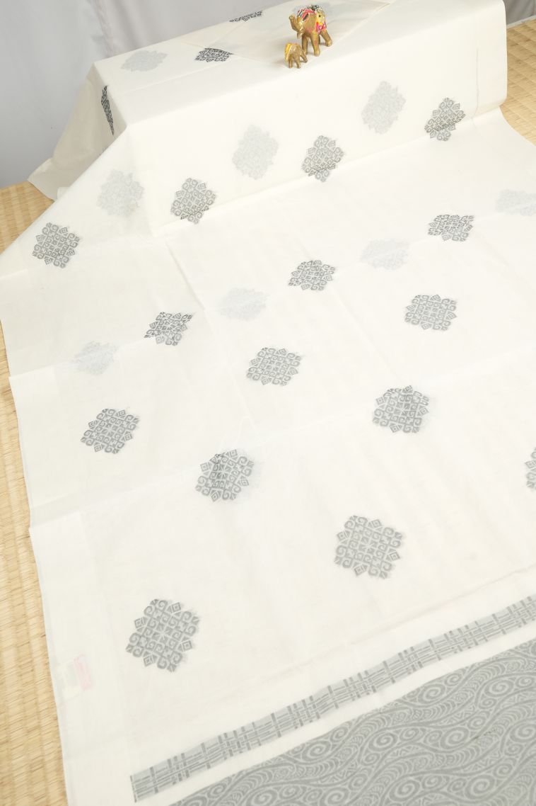 Porcelain White Kovai Cotton Sarees with Without Zari Zari Buttis (small Dots Or Motifs) view 2