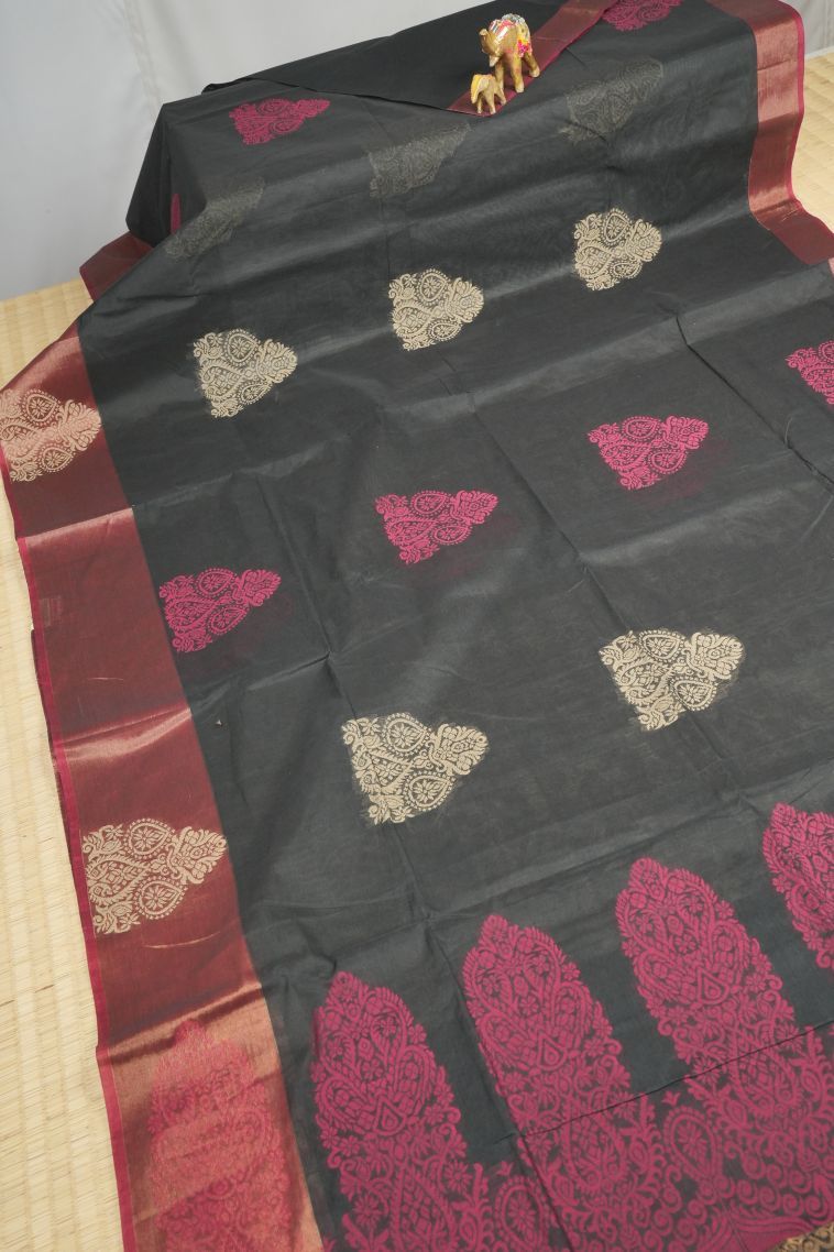 Charcoal Black Kovai Cotton Sarees with Without Zari Zari Buttis (small Dots Or Motifs) view 2