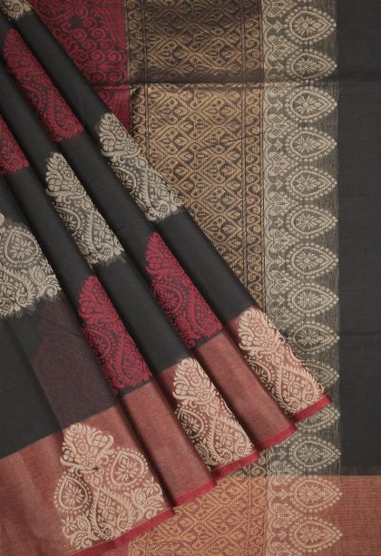 Charcoal Black Kovai Cotton Sarees with Without Zari Zari Buttis (small Dots Or Motifs)