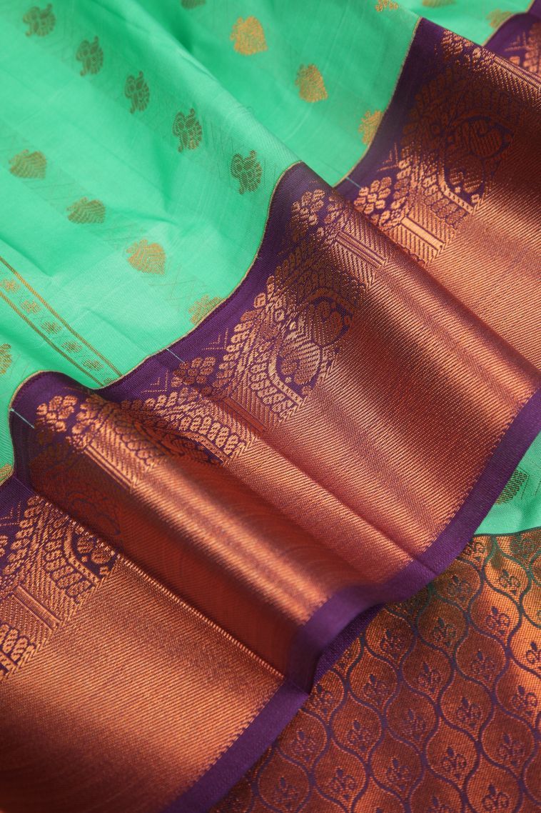 Mint Green Visiri Madippu Silk Sarees with Copper Zari Stripes view 4