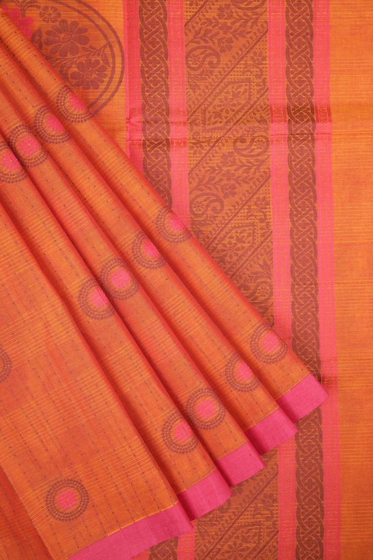 Apricot Orange Kovai Cotton Sarees with Without Zari Zari Buttis (small Dots Or Motifs) view 1
