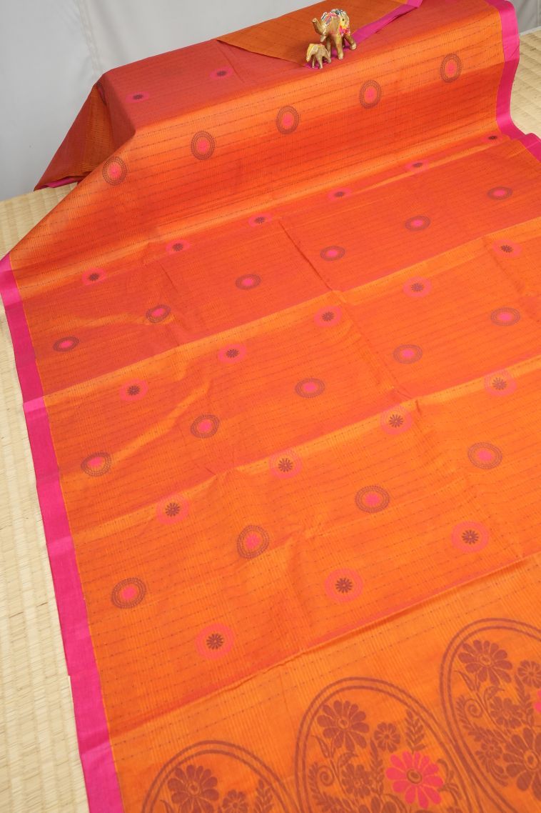 Apricot Orange Kovai Cotton Sarees with Without Zari Zari Buttis (small Dots Or Motifs) view 2