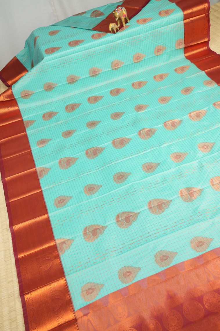 Arctic Blue Visiri Madippu Silk Sarees with Copper Zari Checks view 2