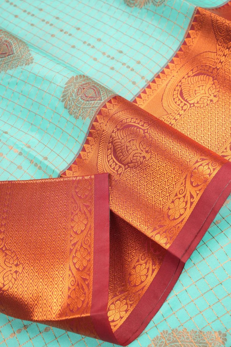 Arctic Blue Visiri Madippu Silk Sarees with Copper Zari Checks view 4