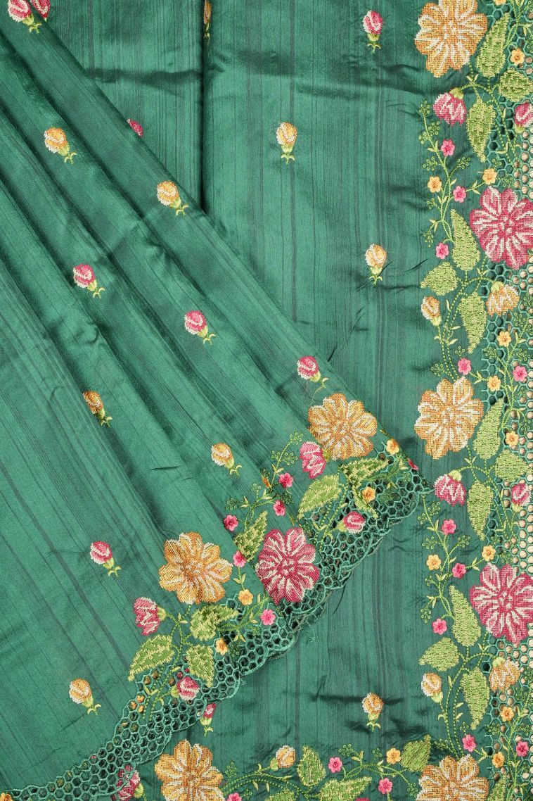 Basil Green Tussar Saree with Without Zari Zari Buttis (small Dots Or Motifs) view 1