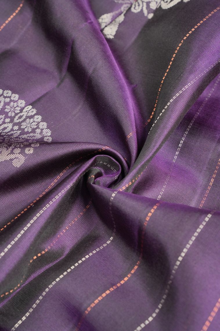 Bosenberry Purple Soft Silk Saree with Silver Zari Stripes view 4