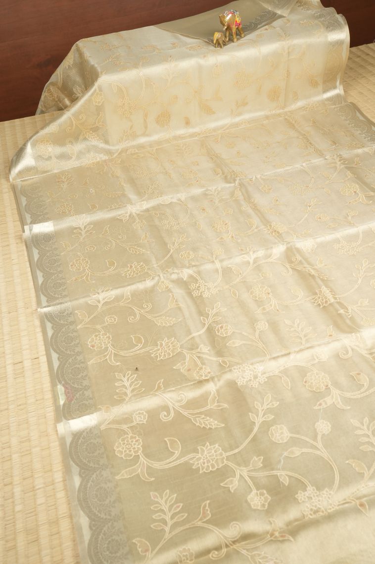 Cream White Organza Saree with Without Zari Zari Floral Patterns view 2