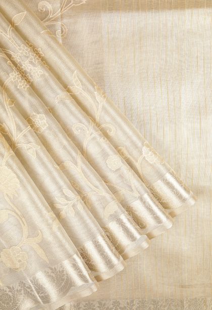 Cream White Organza Saree with Without Zari Zari Floral Patterns