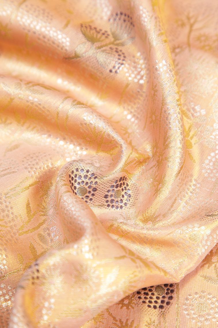 Peach Pink Tissue Silk Sarees with Silver Zari Floral Patterns view 4
