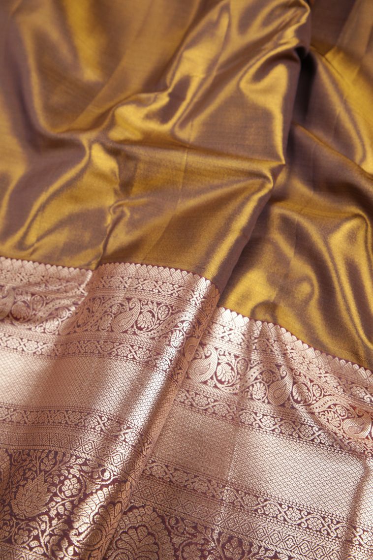 Peach Pink Tissue Silk Sarees with Silver Zari Floral Patterns view 3