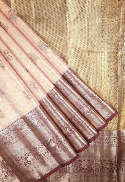 Peach Pink Tissue Silk Sarees with Silver Zari Floral Patterns