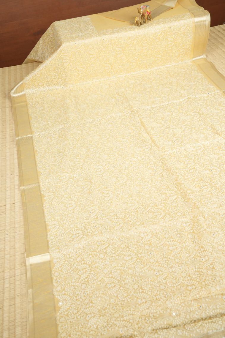 Cream White Organza Saree with Without Zari Zari Floral Patterns view 2