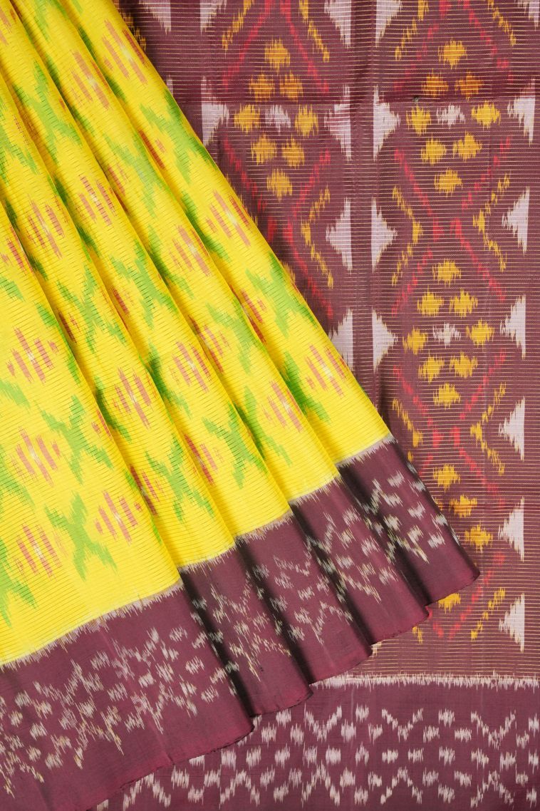 Lemon Yellow Soft Silk Saree with Gold Zari Ikkat view 1