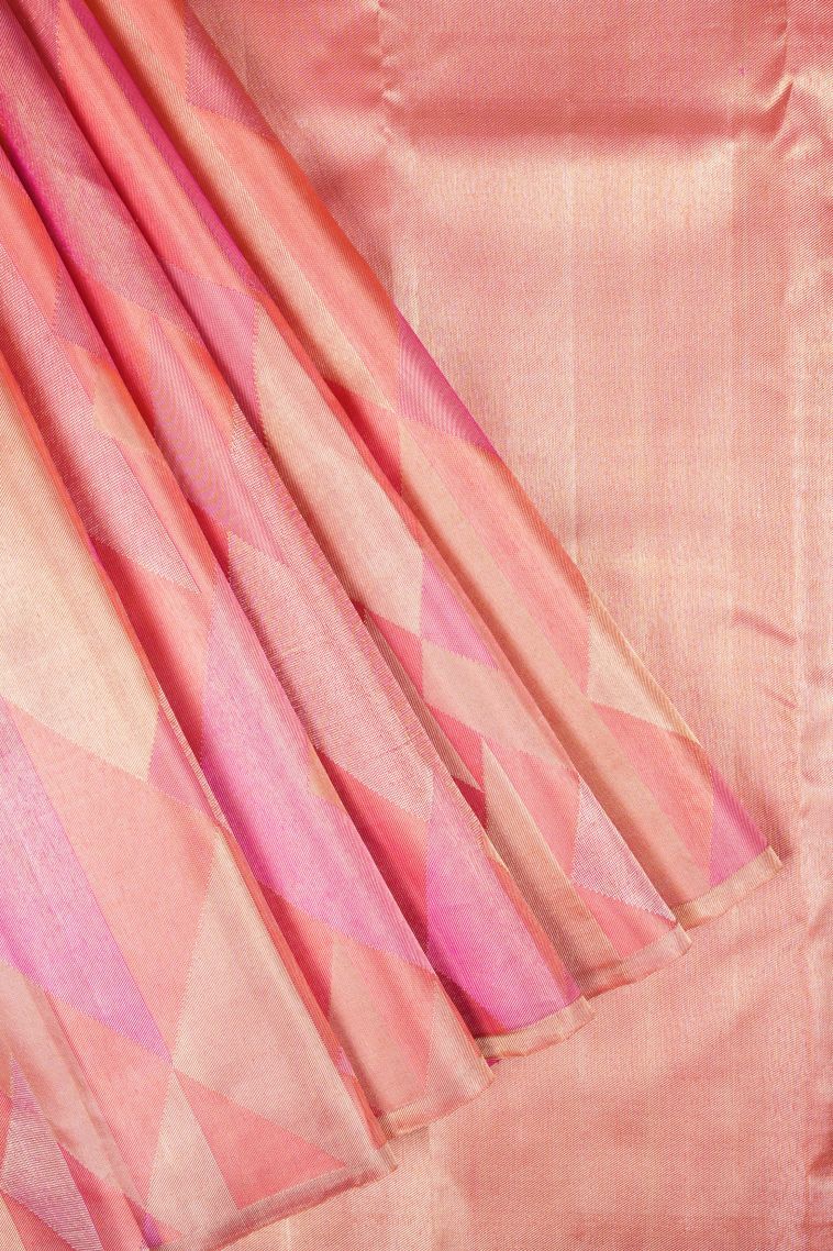 Coral Pink Kanchipuram Silk Sarees with Gold Zari Geometric Shapes view 1