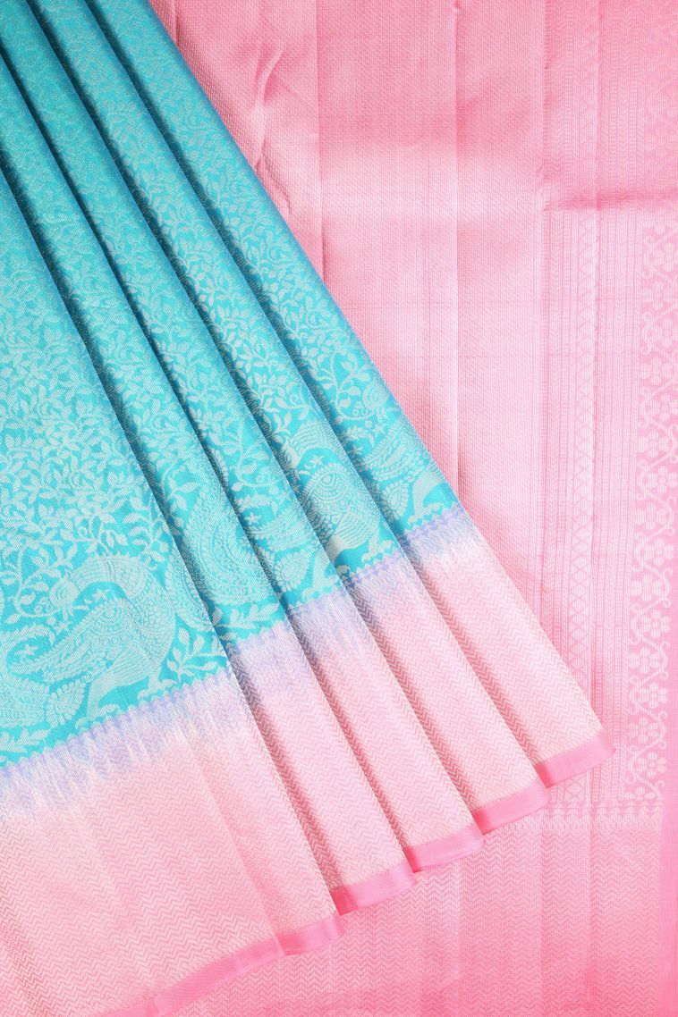 Arctic Blue Soft Silk Saree with Silver Zari Floral Patterns view 1