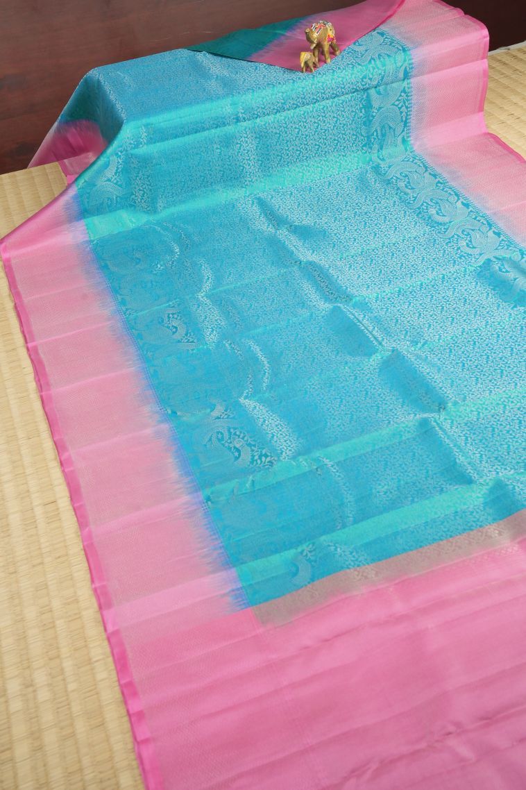 Arctic Blue Soft Silk Saree with Silver Zari Floral Patterns view 2