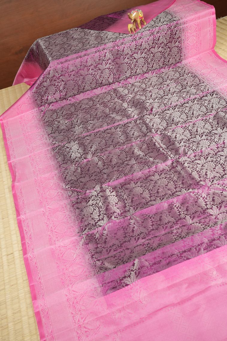 Magenta Purple Soft Silk Saree with Silver Zari Floral Patterns view 2