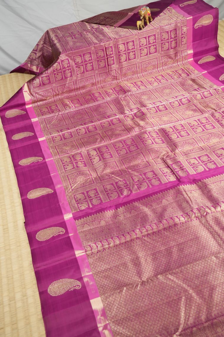 Magenta Purple Kanchipuram Silk Sarees with Gold Zari Floral Patterns view 2