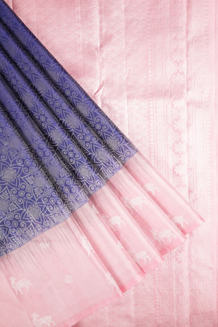 Admiral Blue Soft Silk Saree with Silver Zari Floral Patterns view 1