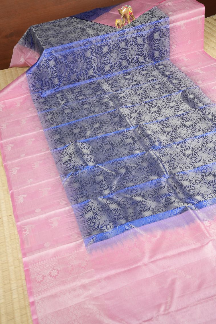 Admiral Blue Soft Silk Saree with Silver Zari Floral Patterns view 2