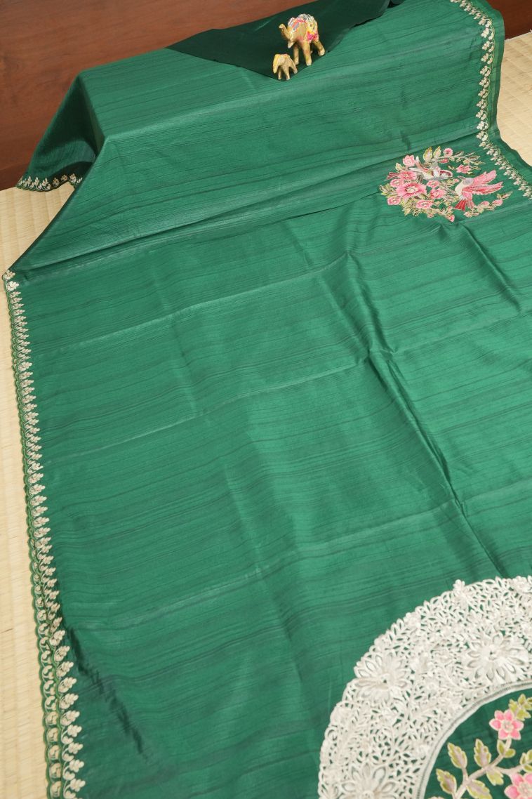 Basil Green Tussar Saree with Without Zari Zari Plain view 2