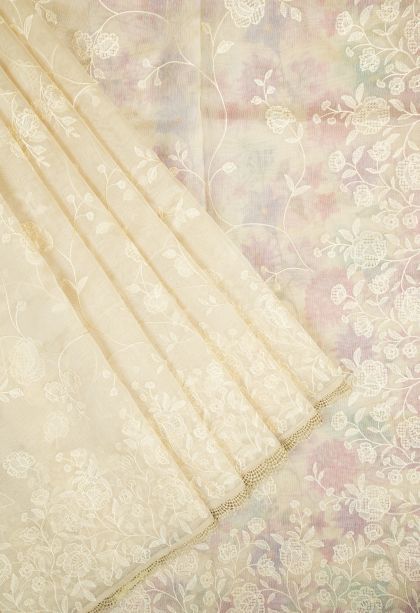 Cream White Organza Saree with Without Zari Zari Floral Patterns