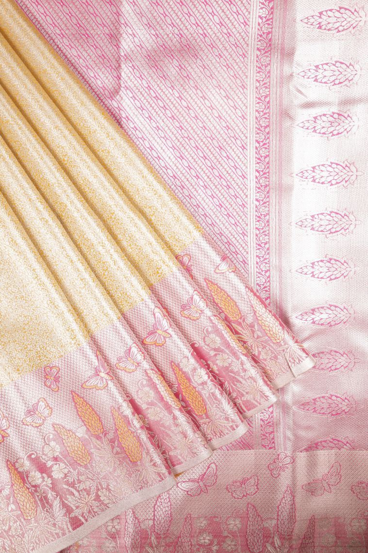 Gold Tissue Silk Sarees with Silver Zari Floral Patterns view 1