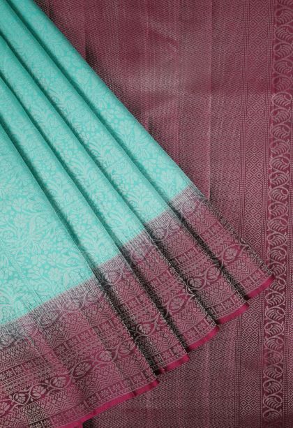 Arctic Blue Soft Silk Saree with Silver Zari Floral Patterns