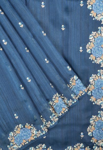 Aegean Blue Tussar Saree with Without Zari Zari Buttis (small Dots Or Motifs)