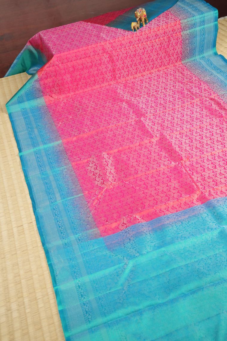 Punch Pink Soft Silk Saree with Silver Zari Floral Patterns view 2