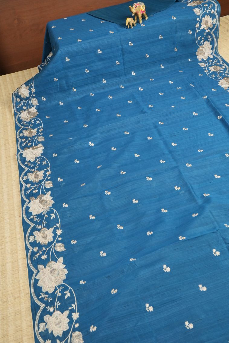 Cobalt Blue Tussar Saree with Without Zari Zari Buttis (small Dots Or Motifs) view 2