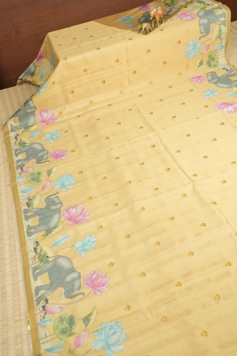 Cream White Tussar Saree with Without Zari Zari Buttis (small Dots Or Motifs) view 2