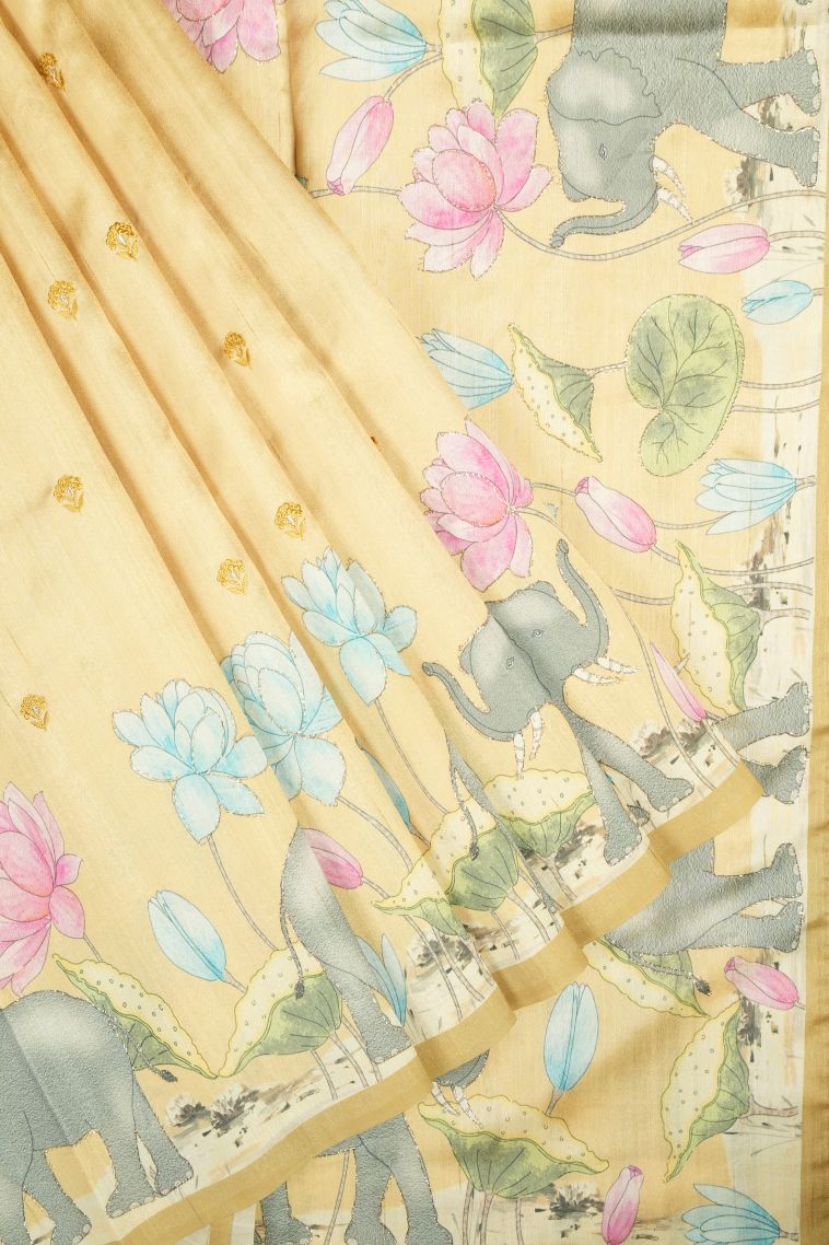 Cream White Tussar Saree with Without Zari Zari Buttis (small Dots Or Motifs) view 1